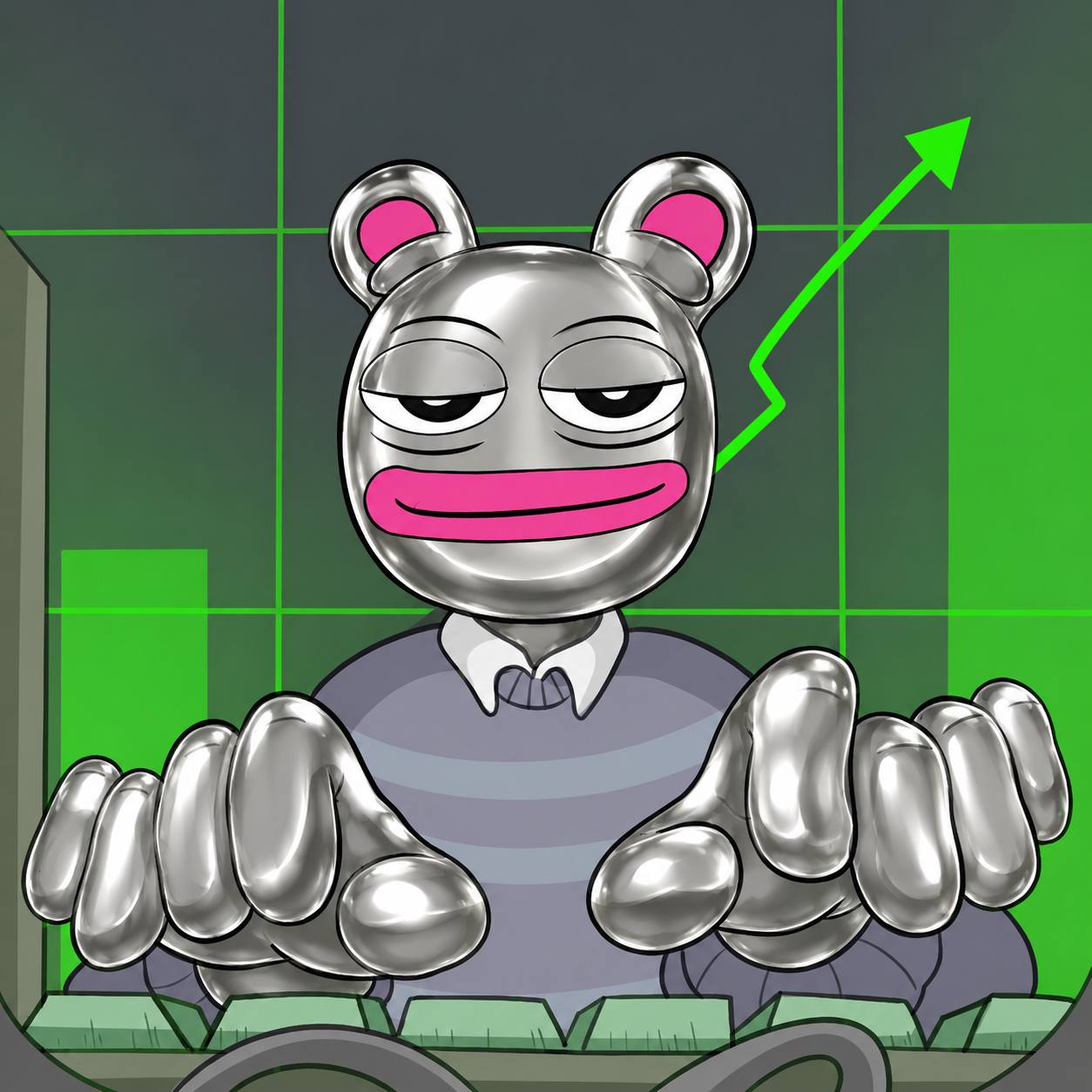 Prett trading with green candles behind him