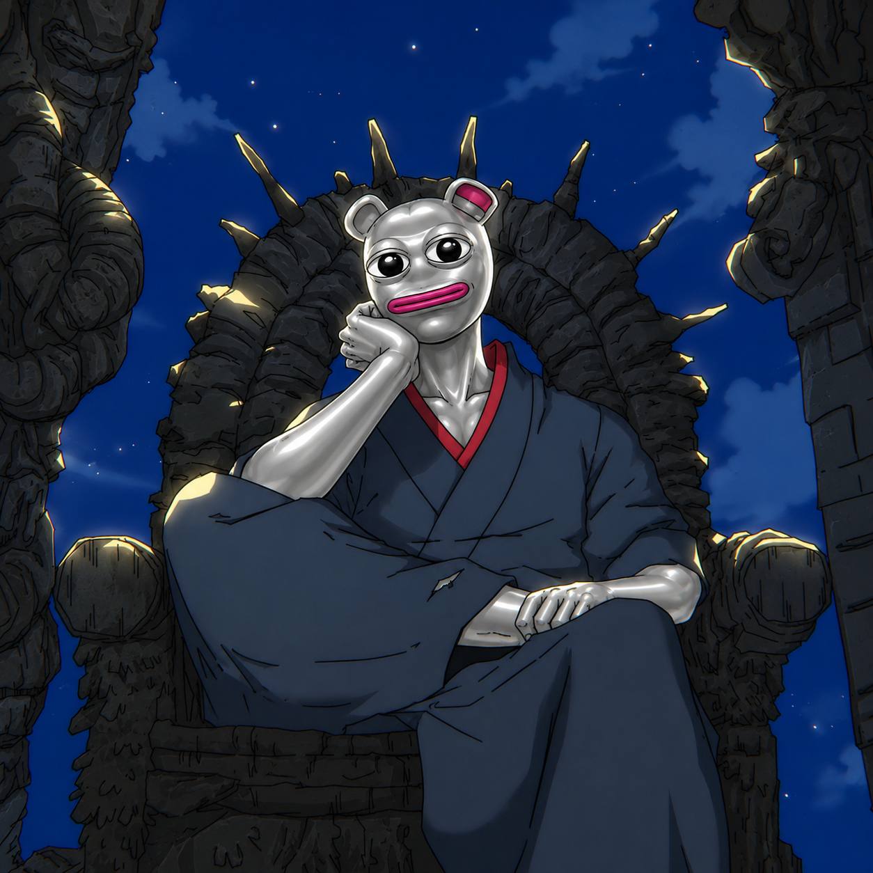 Prett seated on a stone throne under a night sky