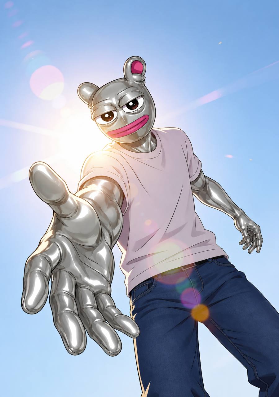 Prett reaching a chrome hand toward the sun