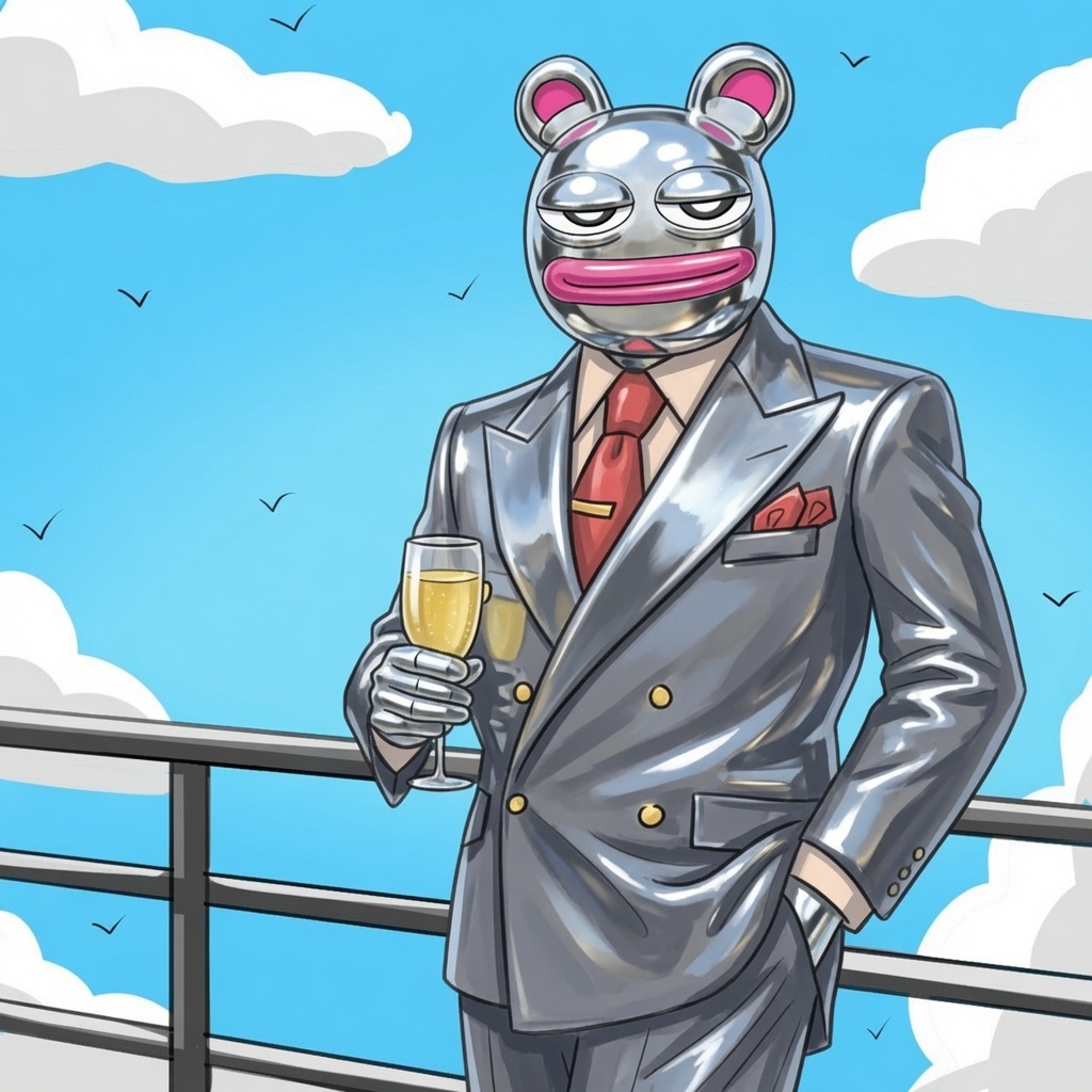 Prett in a silver suit holding a glass of champagne